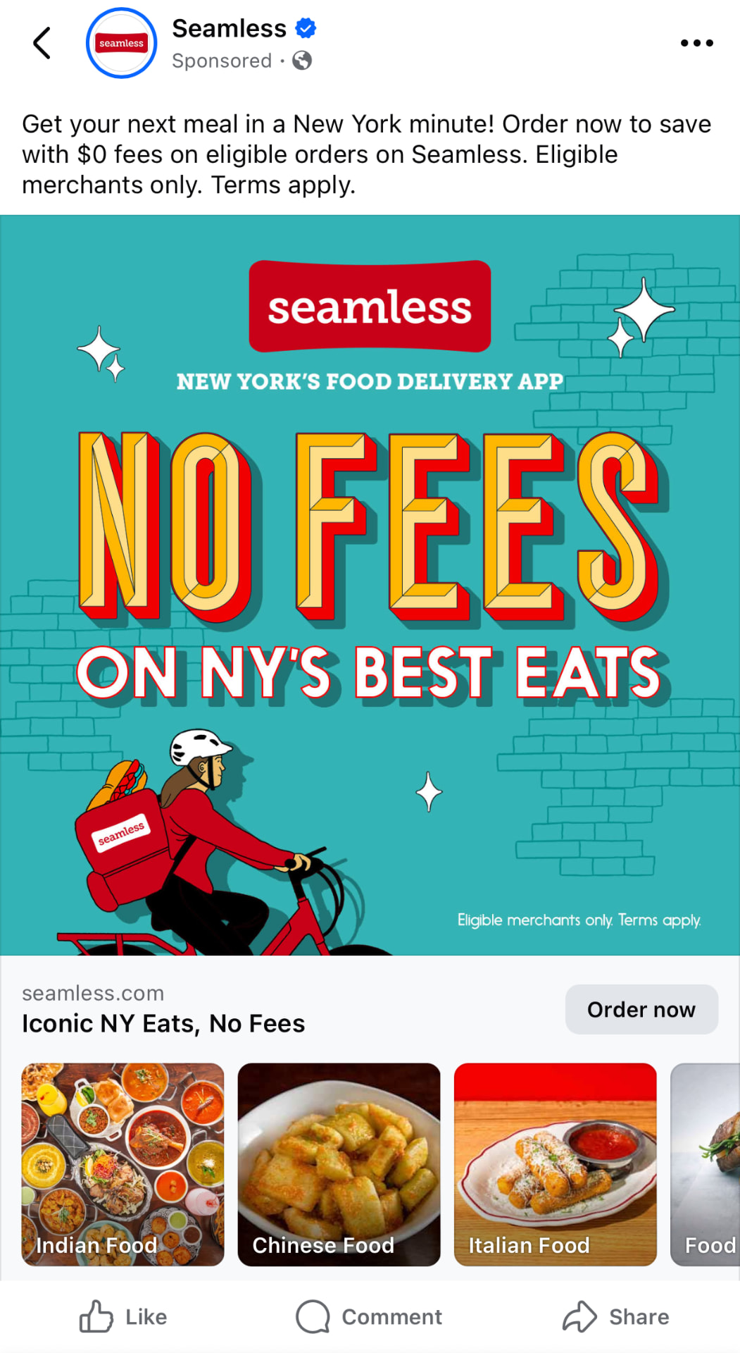 “No fees on NY’s best eats” — Facebook